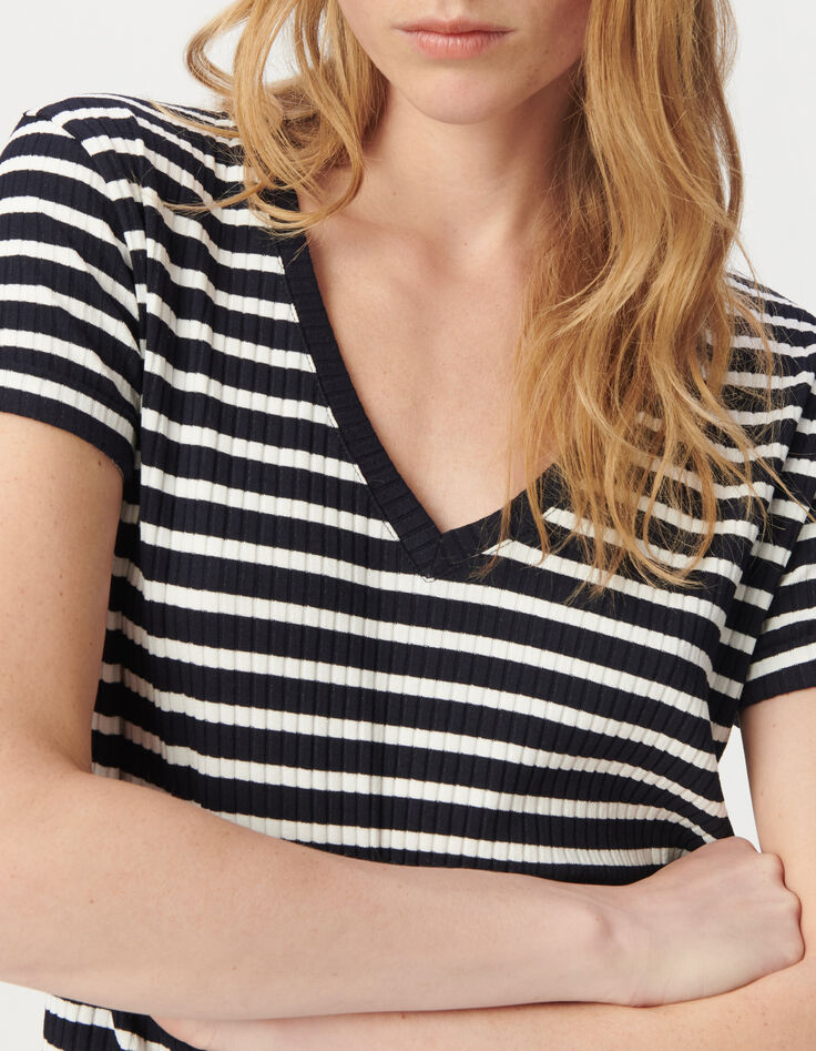 Tee-shirt marine rayures &eacute;crues c&ocirc;tel&eacute;-4