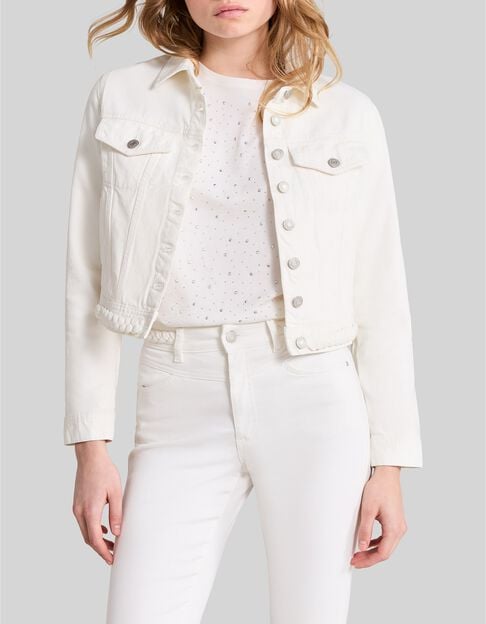 Cremefarbene Jeansjacke für Damen mit Zopfmuster - IKKS