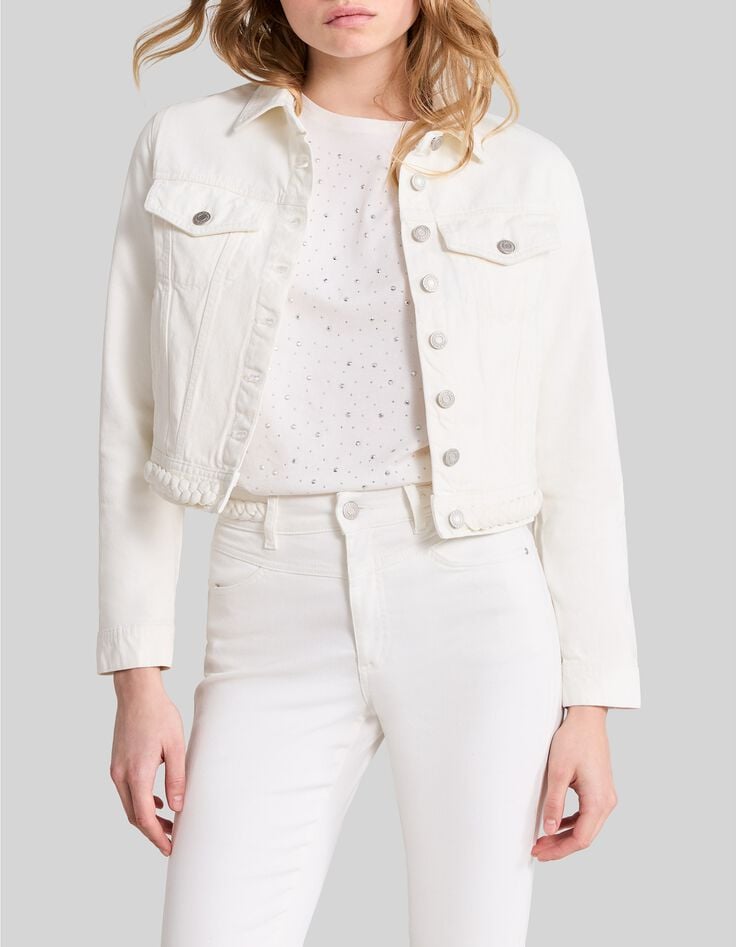 Cremefarbene Jeansjacke für Damen mit Zopfmuster-1