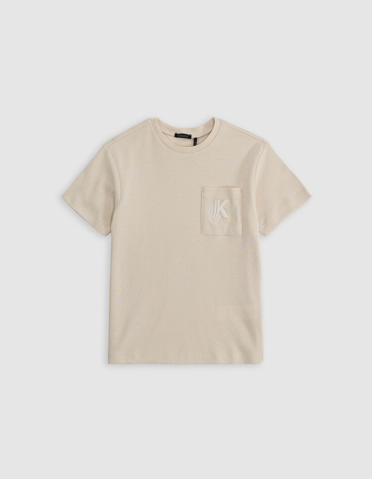 Beiges Jacquard-Jungen-T-Shirt mit gestickter Tasche-3