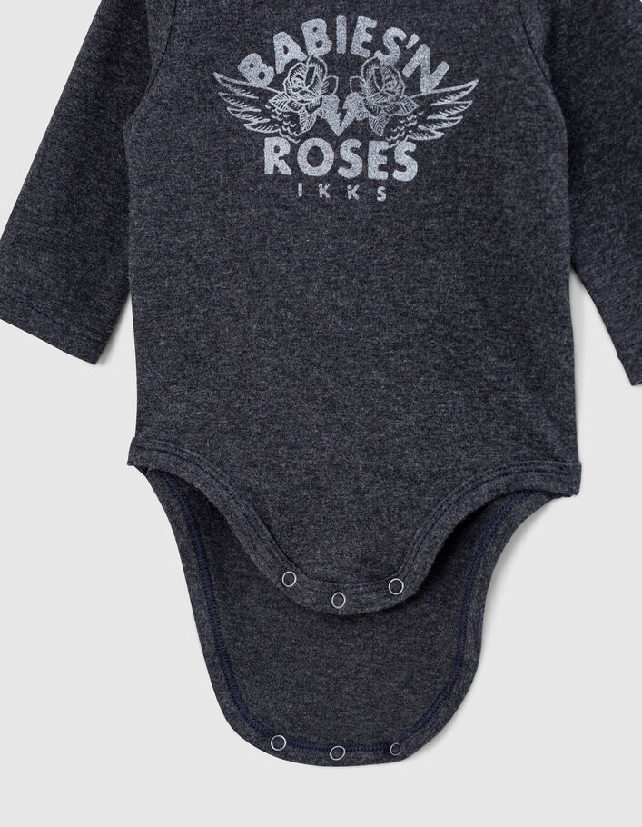 Grau melierter Babybody aus Biobaumwolle mit Rosenmotiv-4