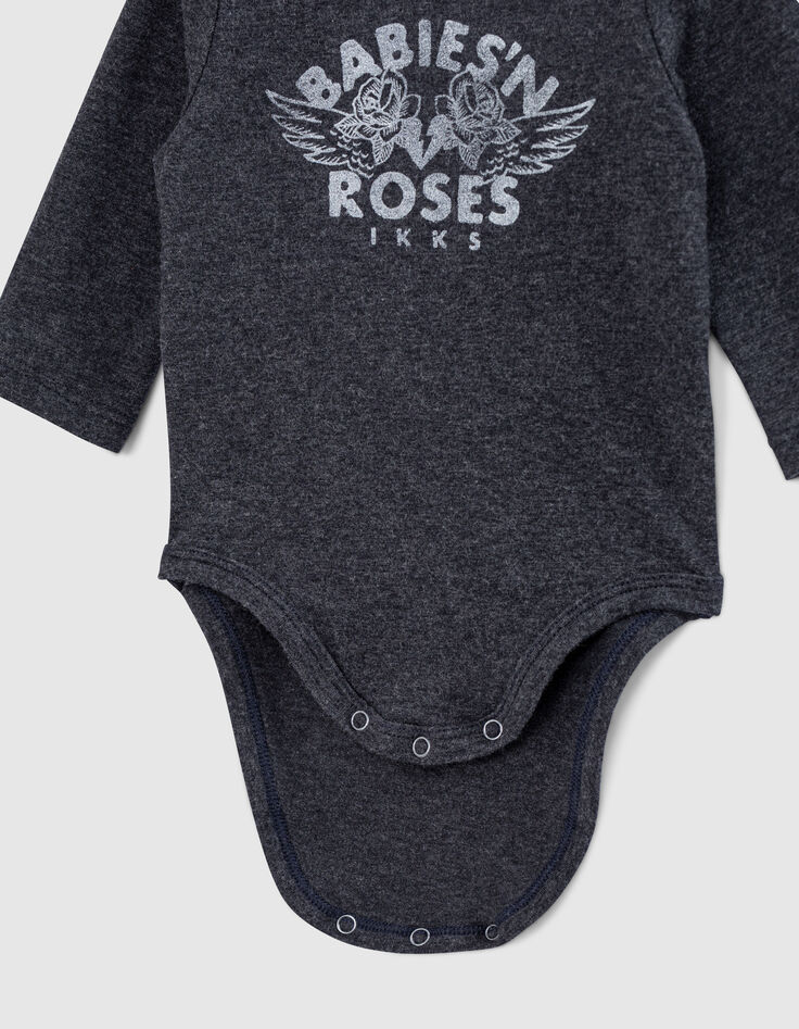 Body gris chiné visuel roses en coton bio bébé-4