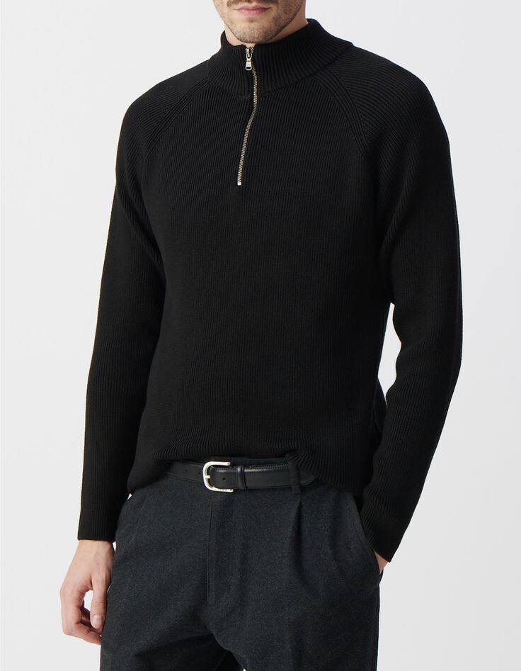 Jersey negro de punto con cuello de camionero para hombre-1