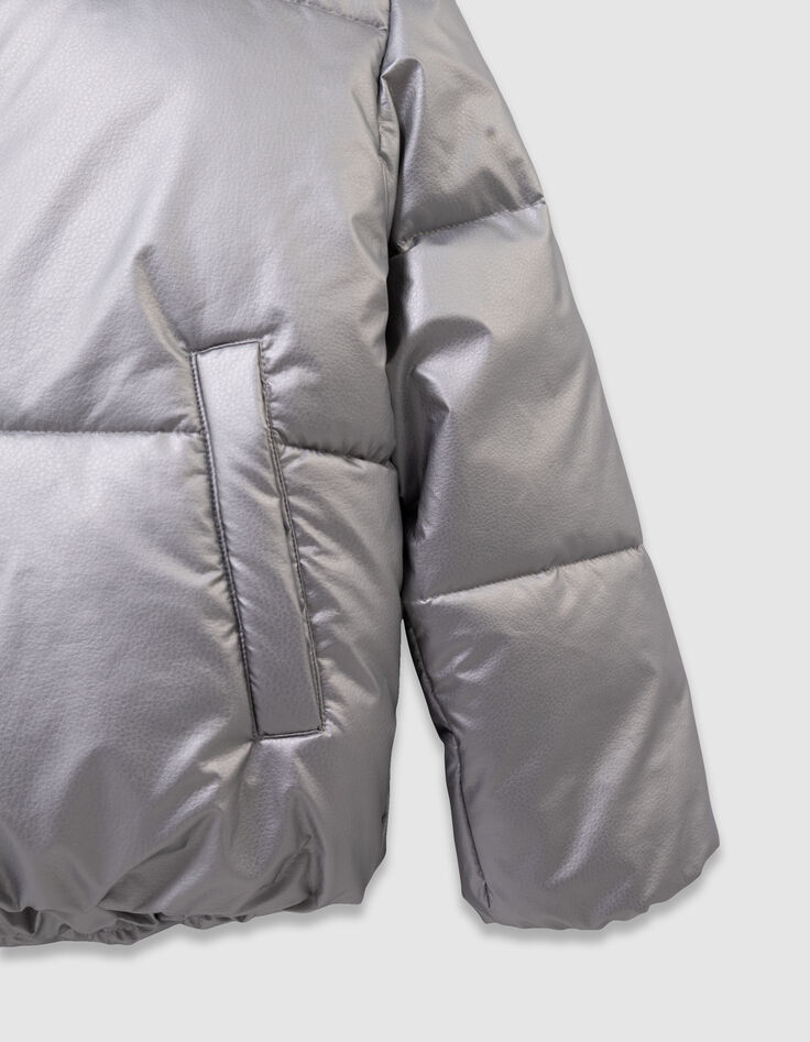 Girls’ silver padded jacket with navy fur-lined hood-4