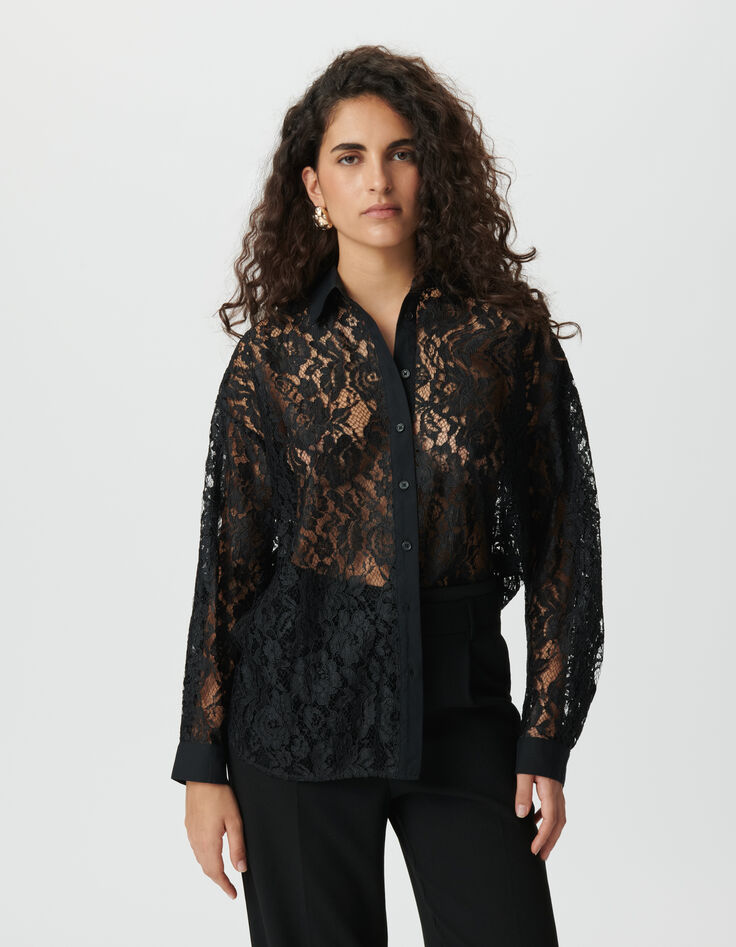 Chemise manches longues noire oversize tout dentelle Femme-5
