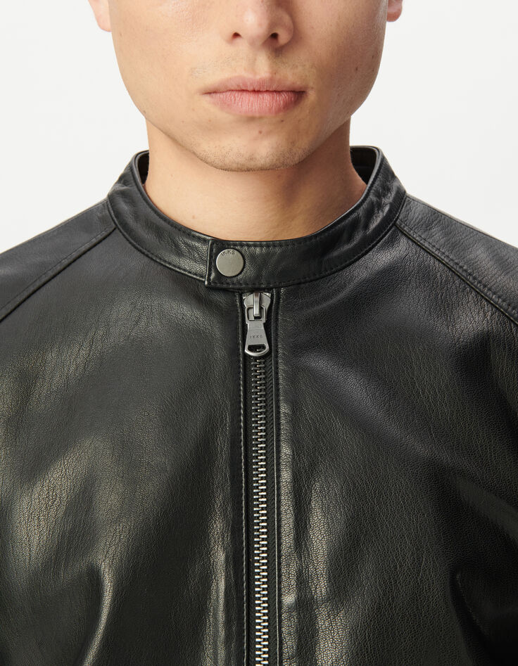 Men’s black leather jacket with zipped pockets-5