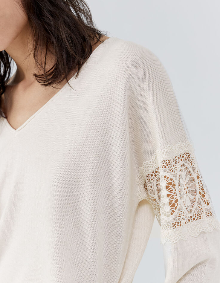 Pull réversible écru tricot dentelle aux manches Femme-3