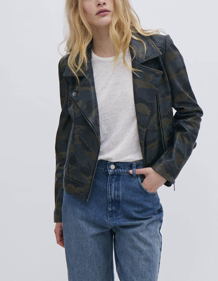 Veste esprit motard cuir kaki motif camouflage Femme-1
