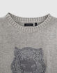 Sweat gris bi matière avec tête de tigre brodé garçon -2