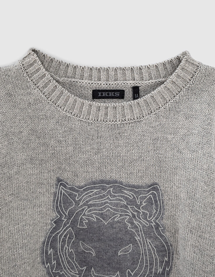 Sweat gris bi matière avec tête de tigre brodé garçon -2