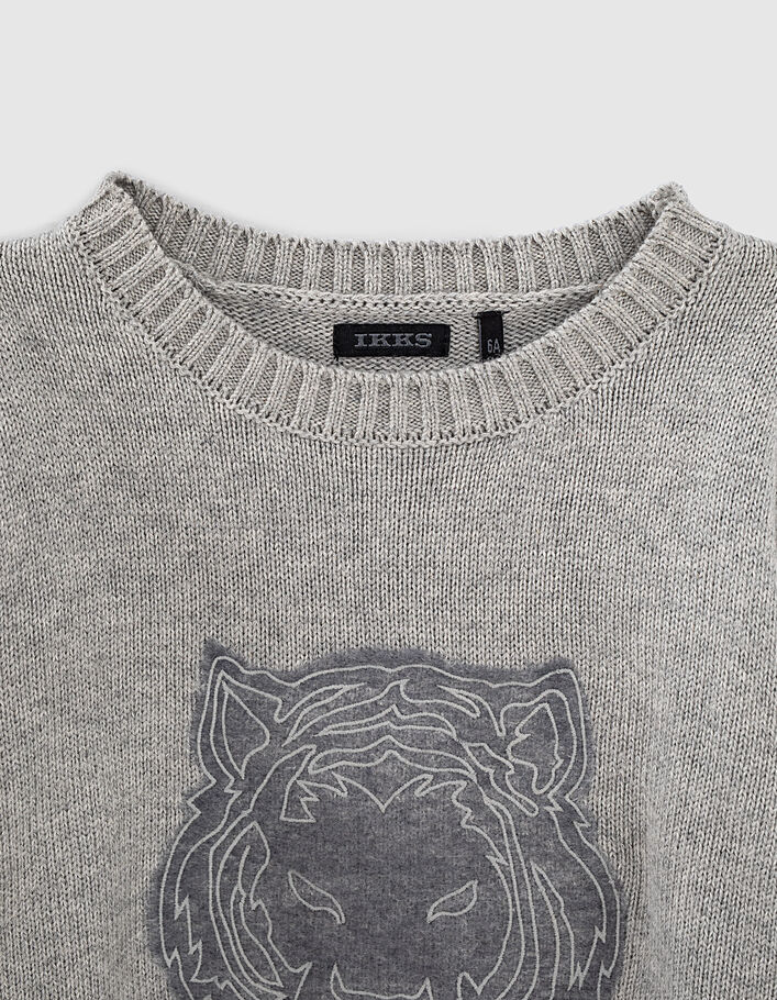 Grijze sweater twee materialen geborduurde tijgerkop - IKKS