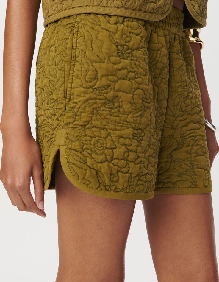 Short kaki matelassage broderies Femme-4