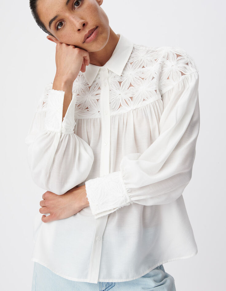 Chemise fluide blanche d&eacute;tails fleurs Femme-5