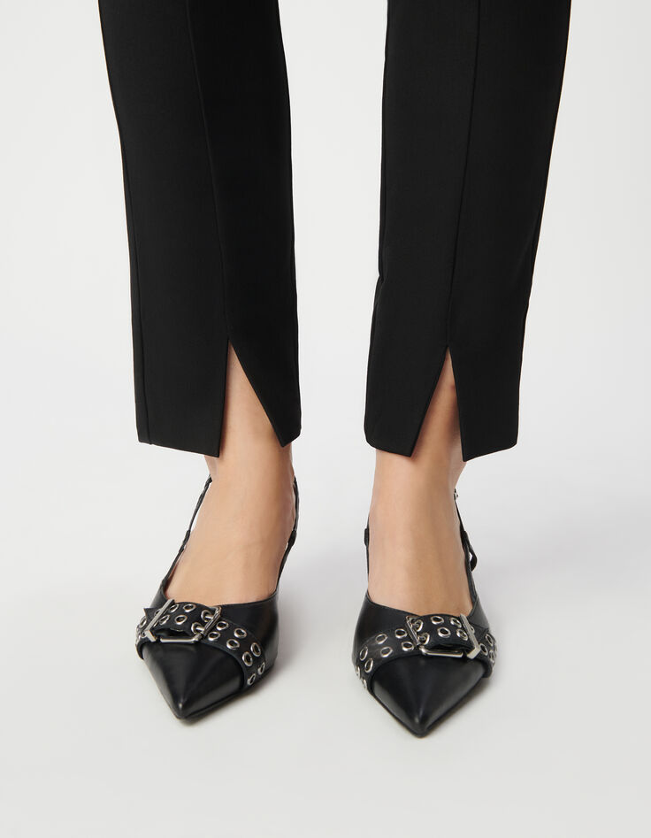 Women's slim-fit black twill trousers with front slit-4