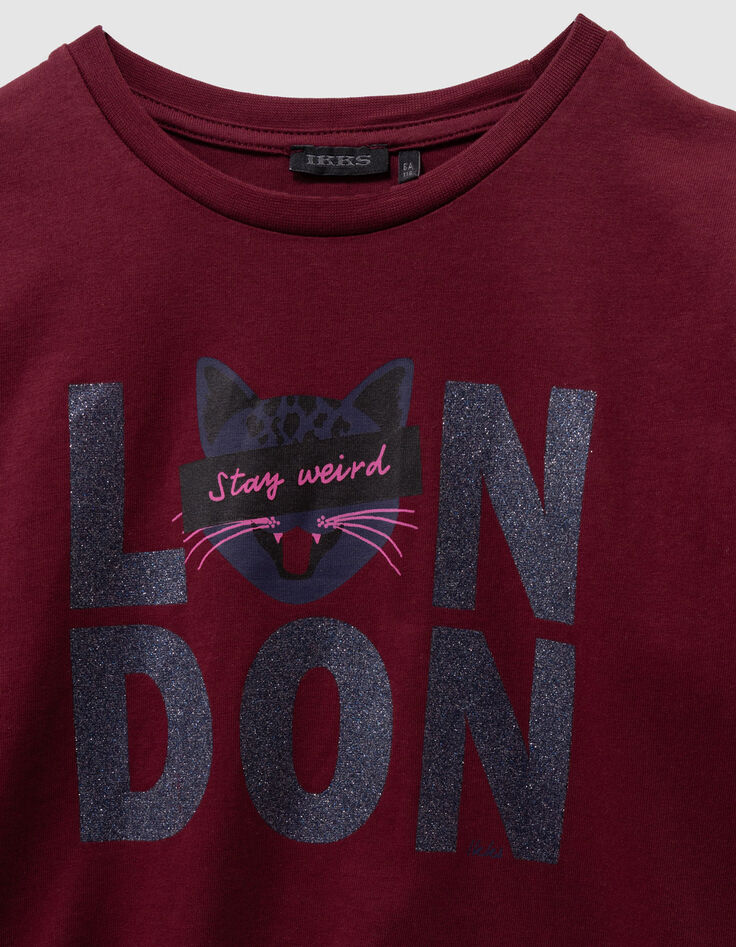 Bordeaux T-shirt biokatoen tekst en poes meisjes-6