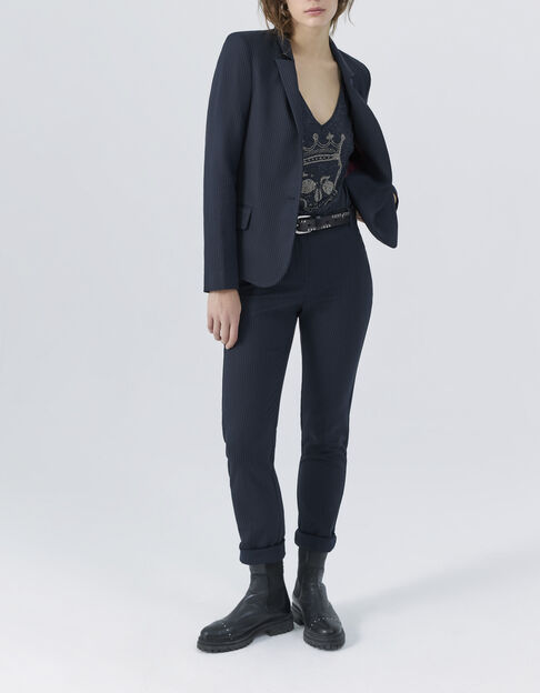 Marineblauwe rechte geklede broek met pinstripes dames