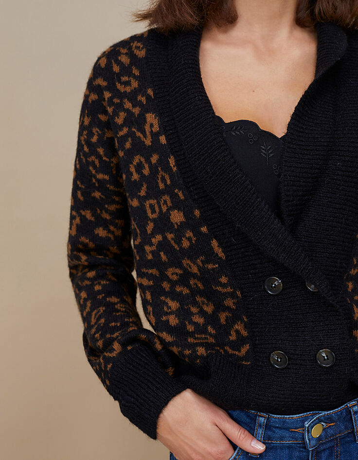 Cardigan fauve en tricot motif l&eacute;opard I.Code-4