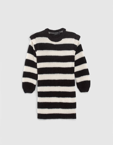 Schwarzes M&auml;dchenstrickkleid mit cremewei&szlig;en Streifen - IKKS