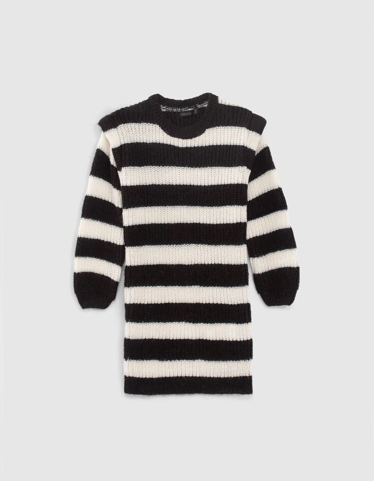 Schwarzes M&auml;dchenstrickkleid mit cremewei&szlig;en Streifen-1