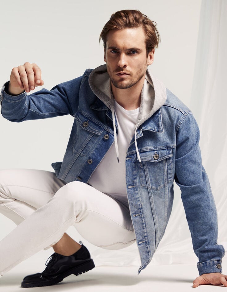 Men’s sky blue denim jacket, removable hood-1