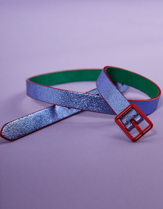 Reversible glittery blue or green belt with red buckle I.Code
