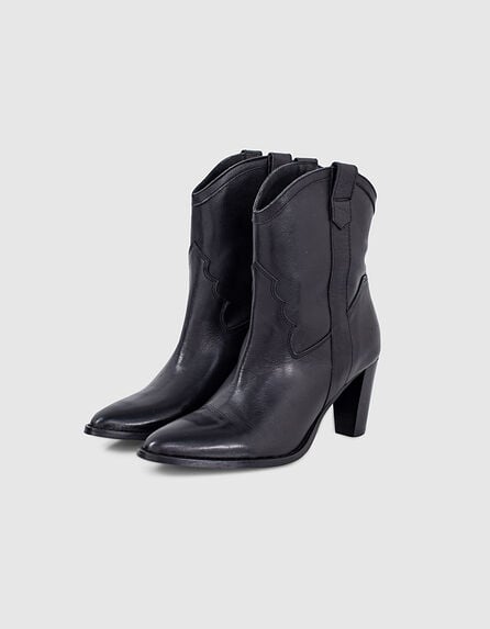 Women’s black folk-feel high heel leather boots