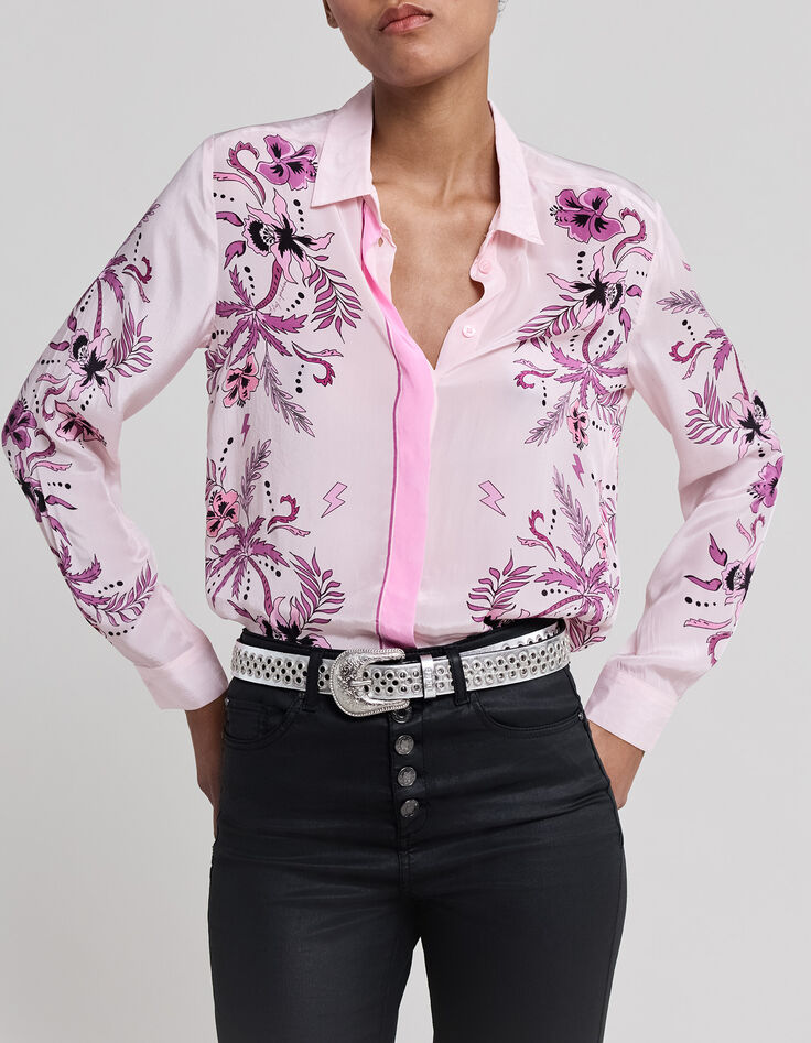 Chemise rose imprim&eacute; fleurs et palmiers Femme-1
