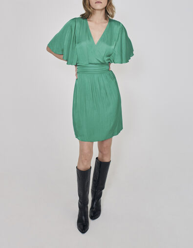 Robe verte satinée recyclée avec ceinture drapée Femme - IKKS