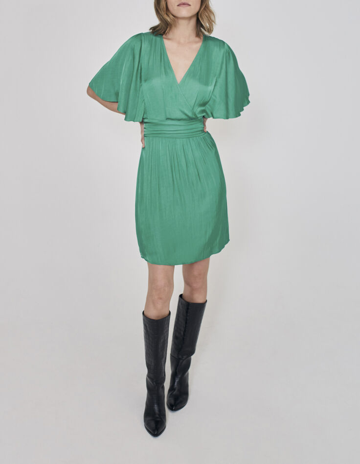 Robe verte satinée recyclée avec ceinture drapée Femme-1