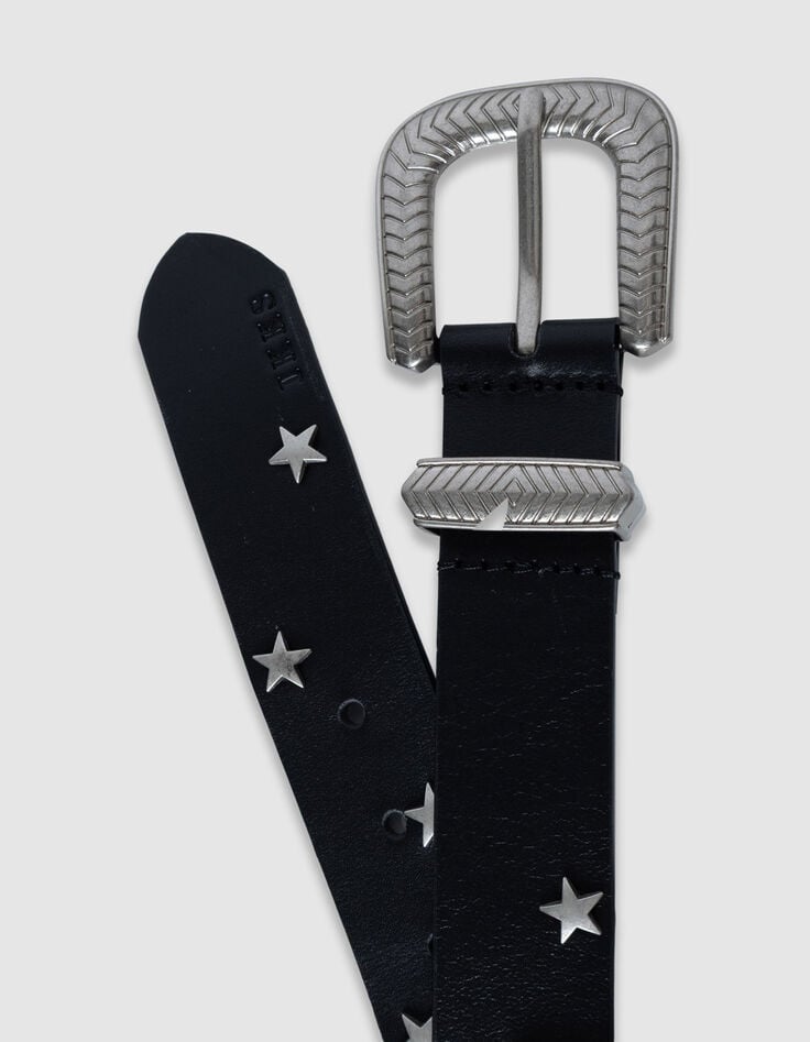 Schwarzer Ledergürtel für Damen mit Sternnieten-3