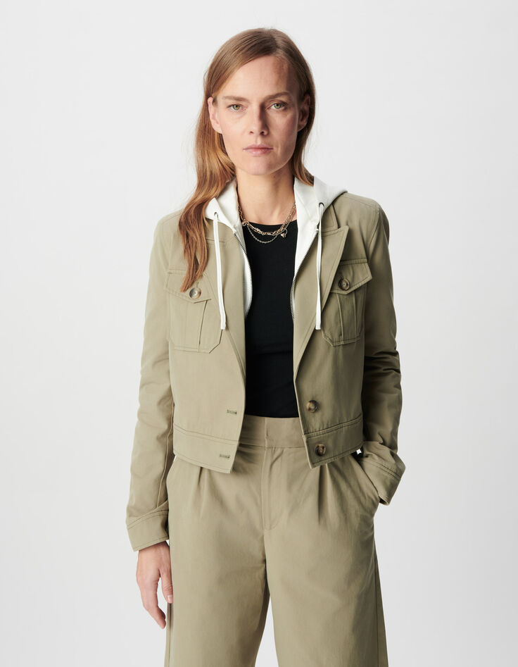 Women's short green jacket with removable white satin hood-2