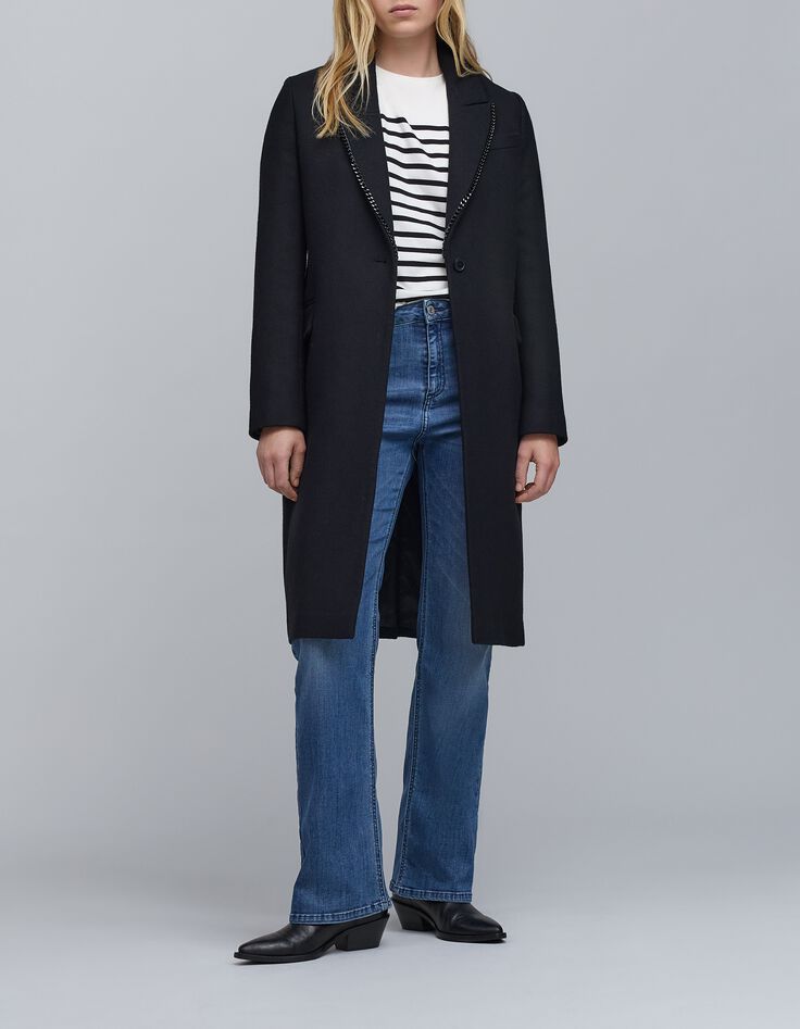 Manteau noir col chaîne-gourmette Femme-1