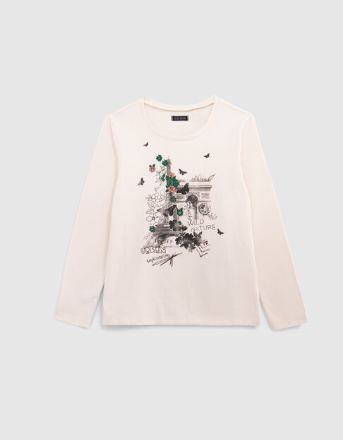 Camiseta crudo algodón monumentos bordado flores para niña - IKKS