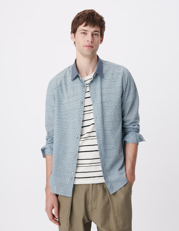 Chemise easy bleue motif carreaux manches longues Homme-2