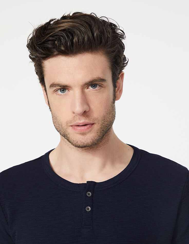 Men’s navy textured button neck T-shirt-4