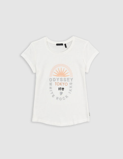 T-shirt &eacute;cru coton bio message brod&eacute; silver fille - IKKS