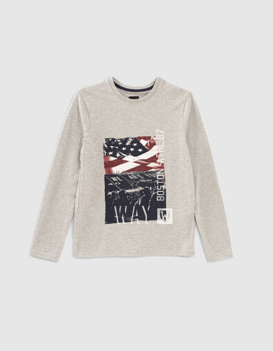 Grau meliertes Jungenshirt mit US-Flagge und Stadion  - IKKS
