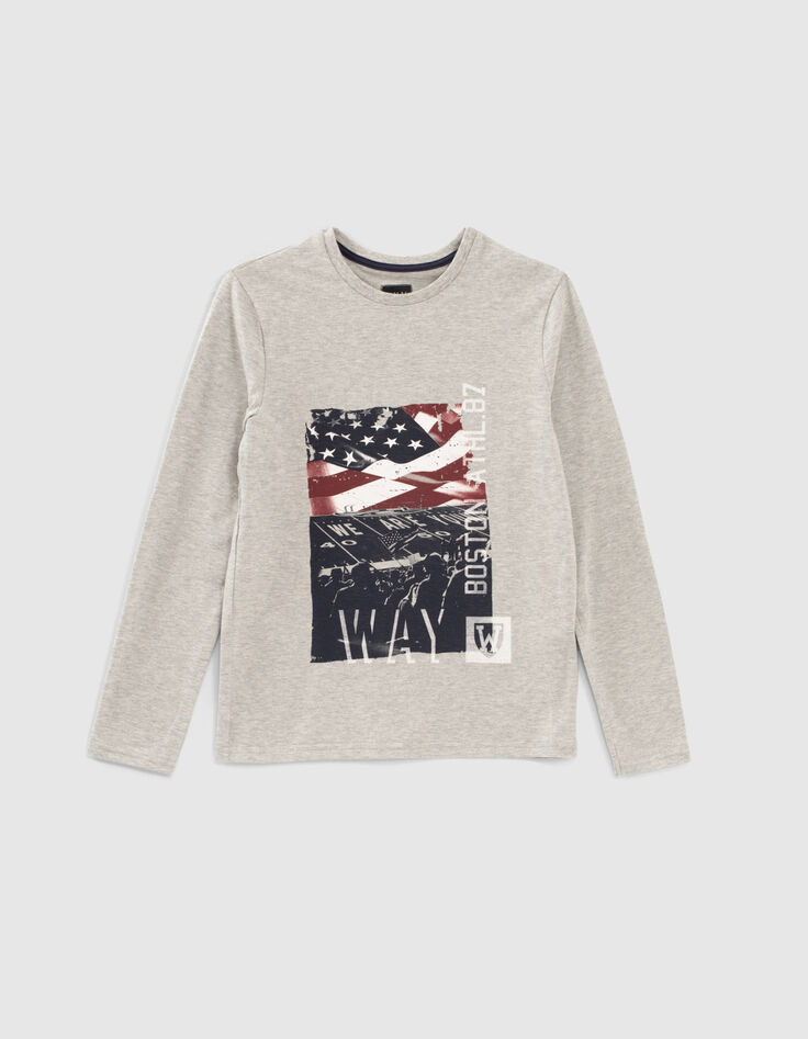 Grau meliertes Jungenshirt mit US-Flagge und Stadion -1