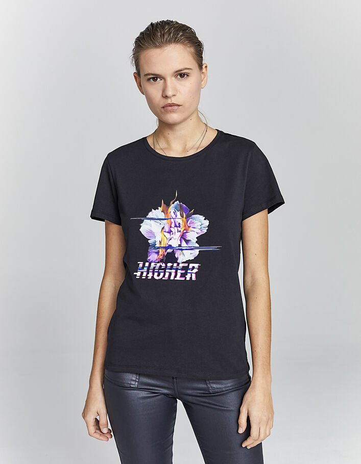 Tee-shirt en coton bio noir visuel rock floral femme-2