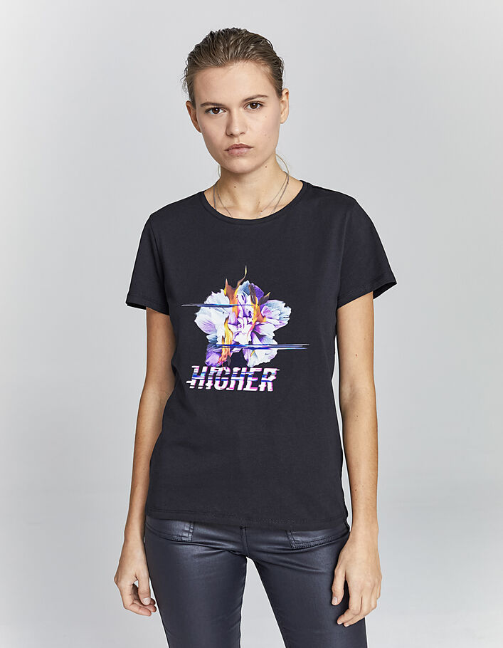 Schwarzes Damen-T-Shirt  mit Rocker-Blumenmotiv-2