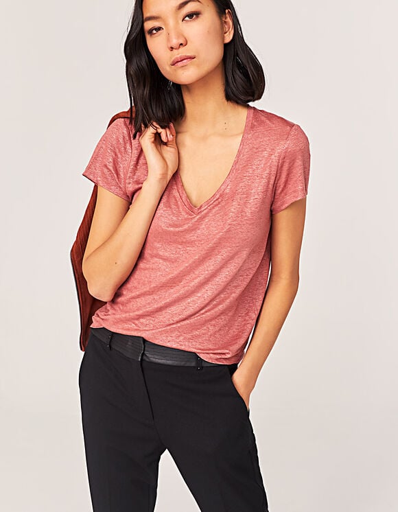 Camiseta lino foil manga corta mujer