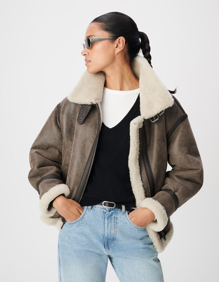 Blouson marron en cuir retourné Femme