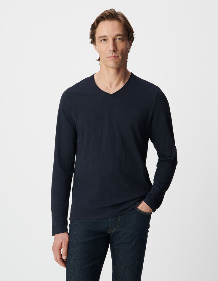 Men&rsquo;s navy organic slub cotton long-sleeved T-shirt-1