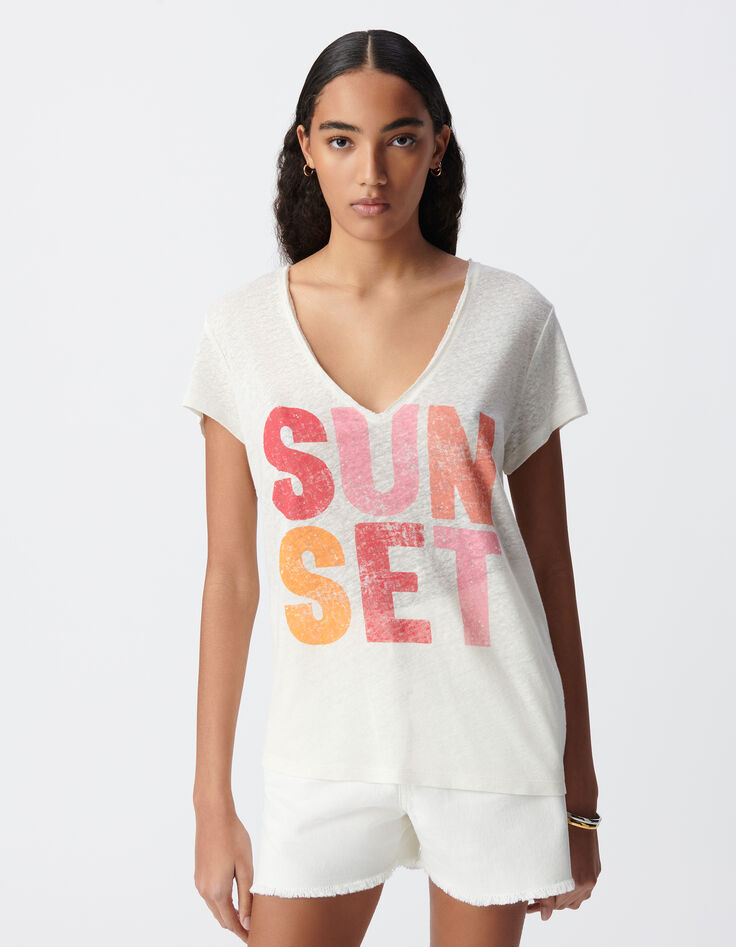 Women's white V-neck maxi tee with color message-2