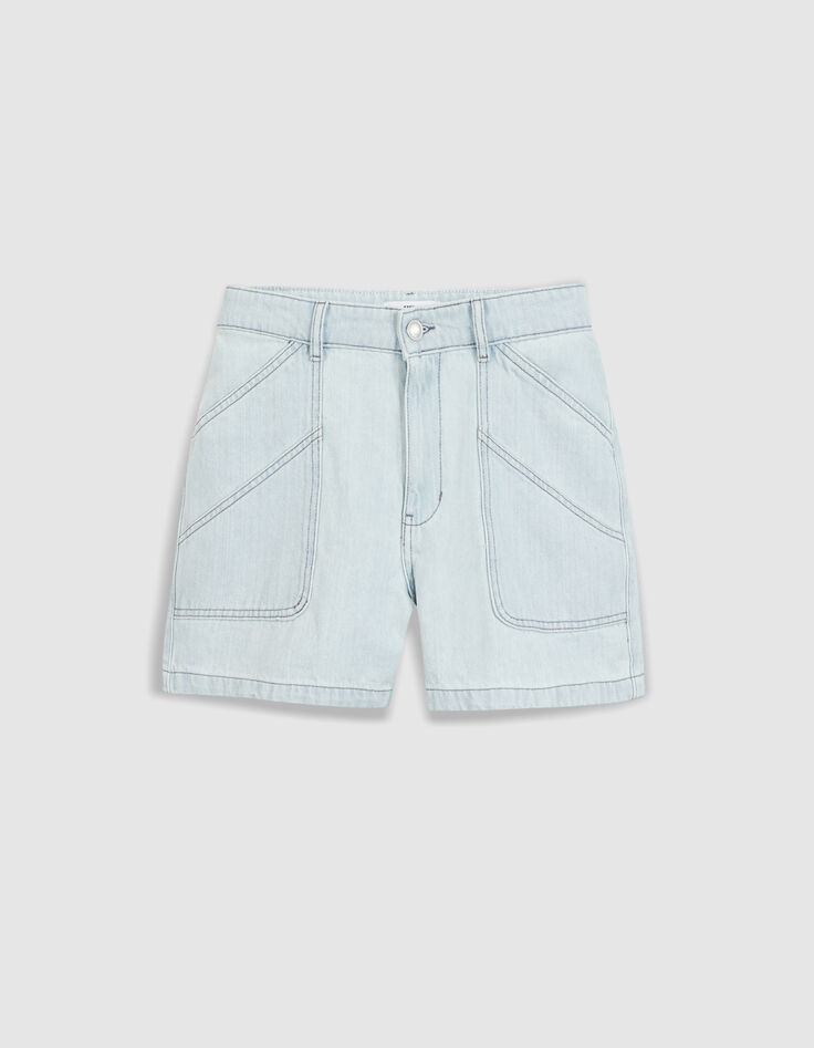 Short en jean bleu d&eacute;lav&eacute; maxi poches Femme-6