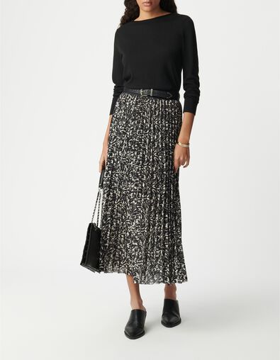 Jupe longue pliss&eacute;e noire imprim&eacute; minimal flower Femme - IKKS