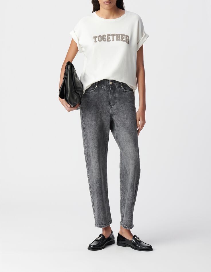 White T-shirt with bead embroidered slogan-1