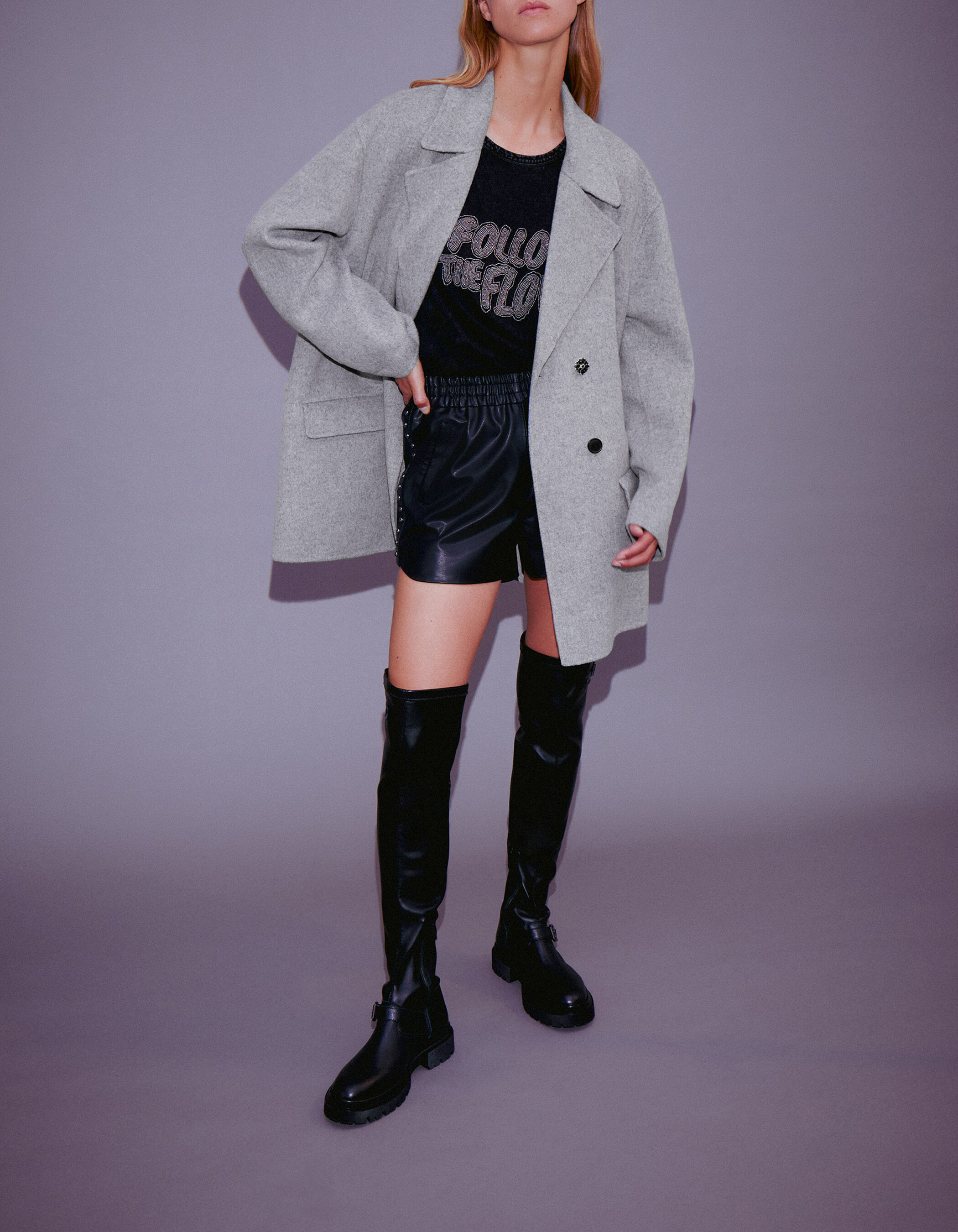 Manteau gris mi long avec bijou strass Femme