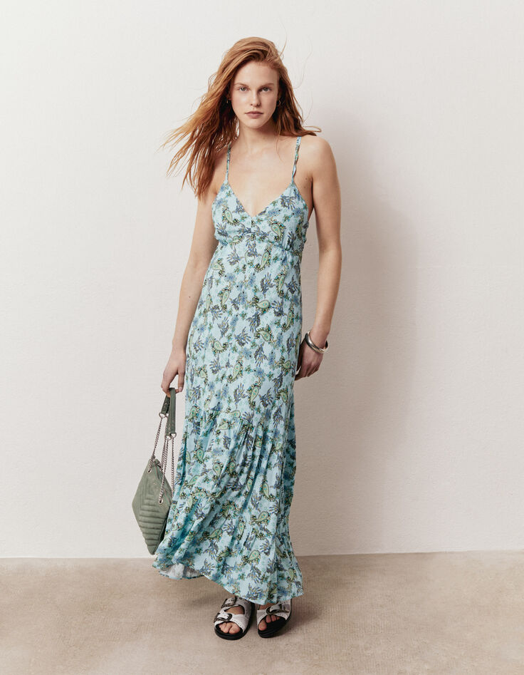 Women’s turquoise Paisley print viscose long dress-6