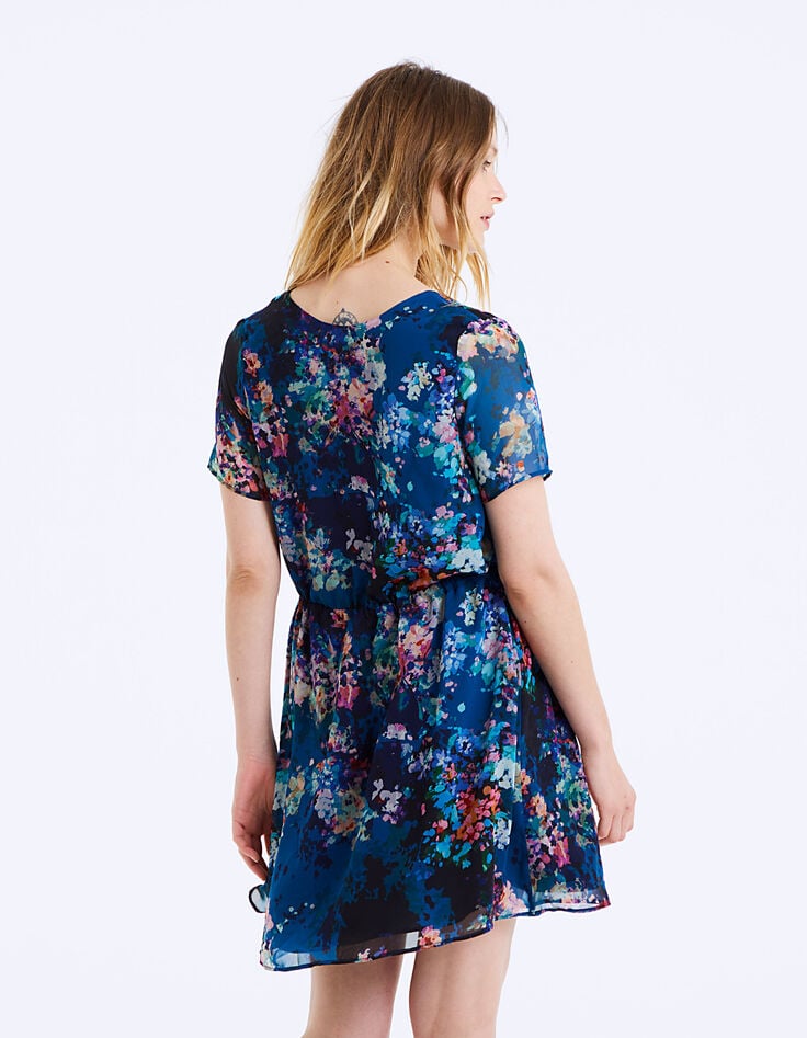 Vestido recto cuello de pico de gasa estampado floral-3 Vestido recto cuello de pico de gasa estampado floral-3